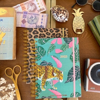 Caderno 2025 com estampa de onça em capa verde, notas da Tanzânia, concha, abridor abacaxi, óculos, tesoura e câmara fotográfica