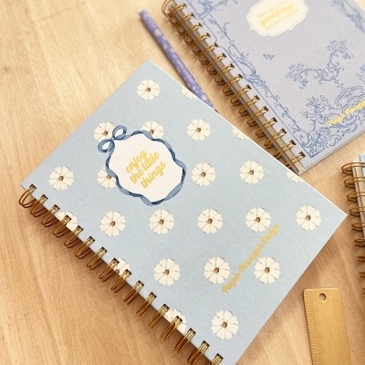 Dois cadernos azuis claros com temas florais e texto em dourado em cima de uma mesa de madeira