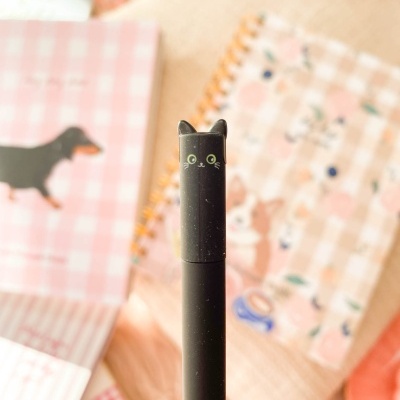 Caneta preta com tampa de gato e cadernos com padrões e desenhos