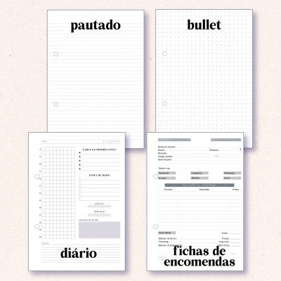 Quatro folhas distintas para caderno: pautado, bullet, diário, fichas de encomendas