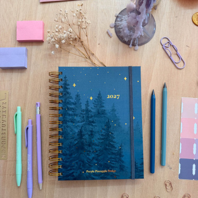 Agenda azul 2027 com material de escrita e itens decorativos numa mesa de madeira