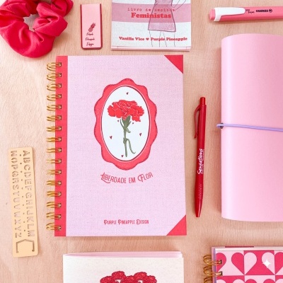 Material de papelaria rosa e vermelho com cadernos, canetas, régua de madeira e bloco de notas com palavra 'Revolucionária'