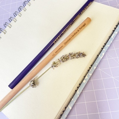 Caderno aberto com duas canetas e ramo seco de lavanda sobre páginas brancas, sobre superfície lilás quadriculada.