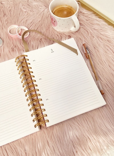Agenda com espiral dourada aberta, caneta e caneca de café sobre superfície rosa felpuda