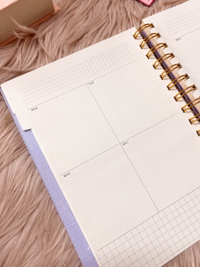 Caderno ou planner aberto com espiral dourada, páginas brancas com divisão dos dias da semana e fundo felpudo rosa claro.