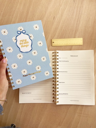 Dois cadernos espirais azuis com flores, um fechado com texto e outro aberto mostrando páginas internas, sobre superfície de madeira clara com régua amarela ao lado.