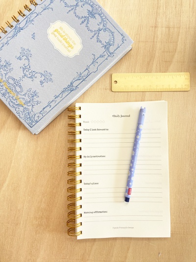 Dois cadernos em espiral com régua e caneta sobre mesa de madeira clara.