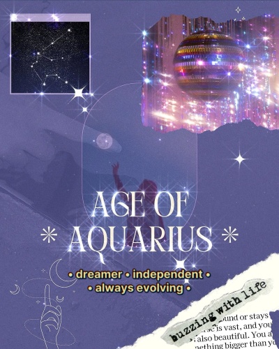 Poster com tema Aquário com texto e imagens cósmicas