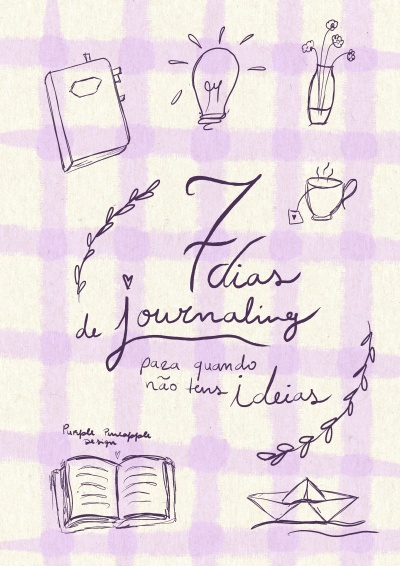 Capa com padrão xadrez lilás e desenhos lineares e texto manuscrito inspirador