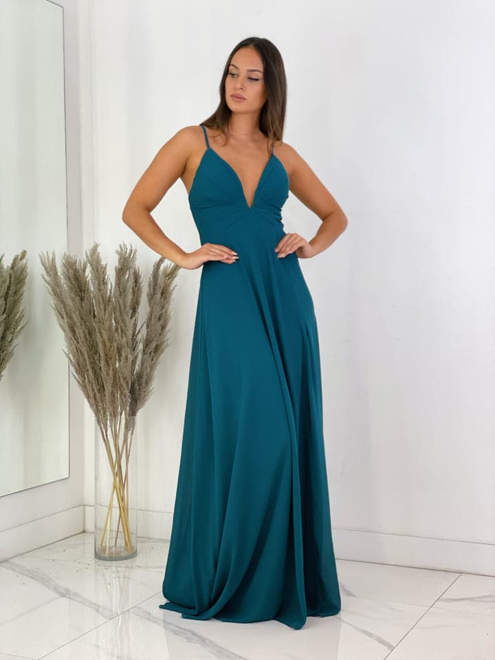 Vestido Nancy Vestido longo azul-petróleo com alças finas e decote profundo em V