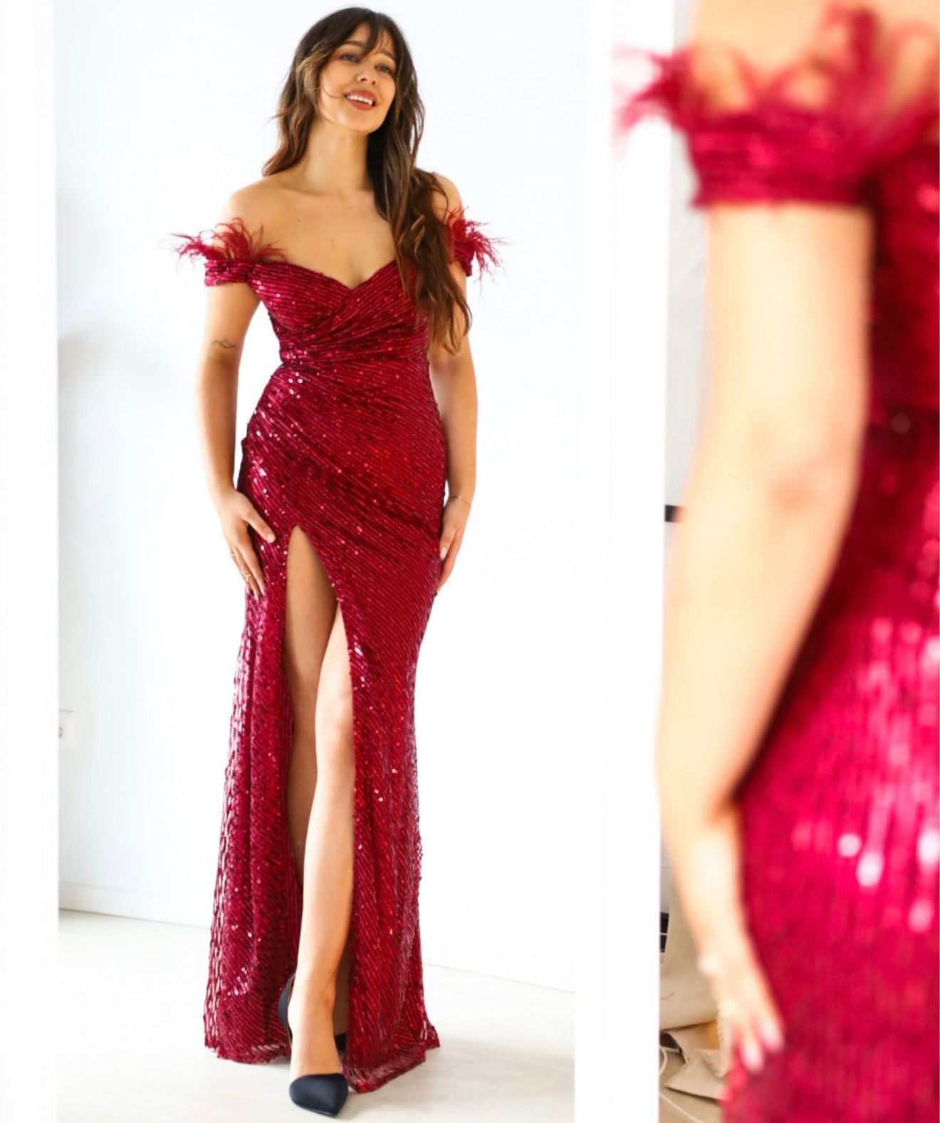 Vestido Parfois Bordô Vestido longo vermelho com lantejoulas e penas nos ombros