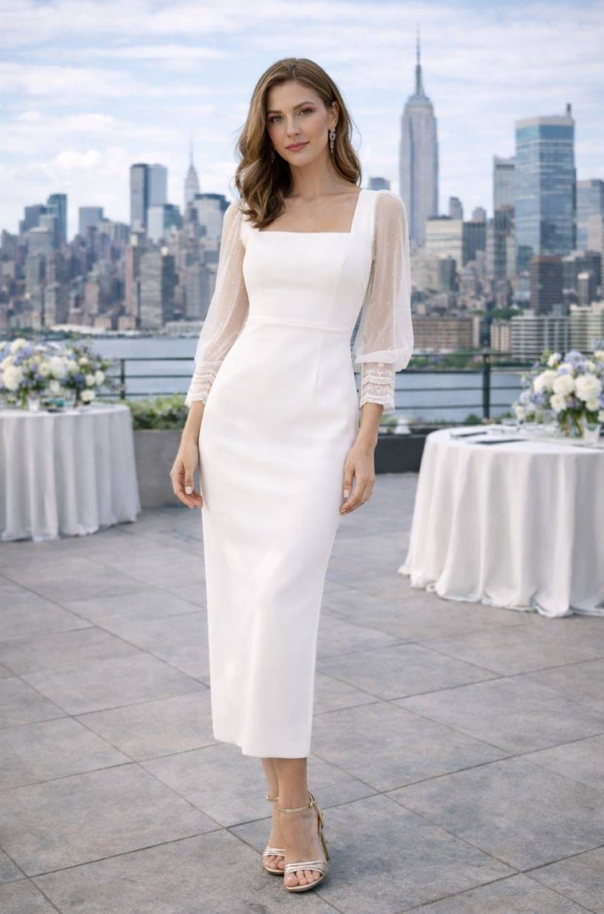 Vestido Luisa Nala Bege Mulher com vestido branco midi de mangas transparentes e decote quadrado num terraço urbano