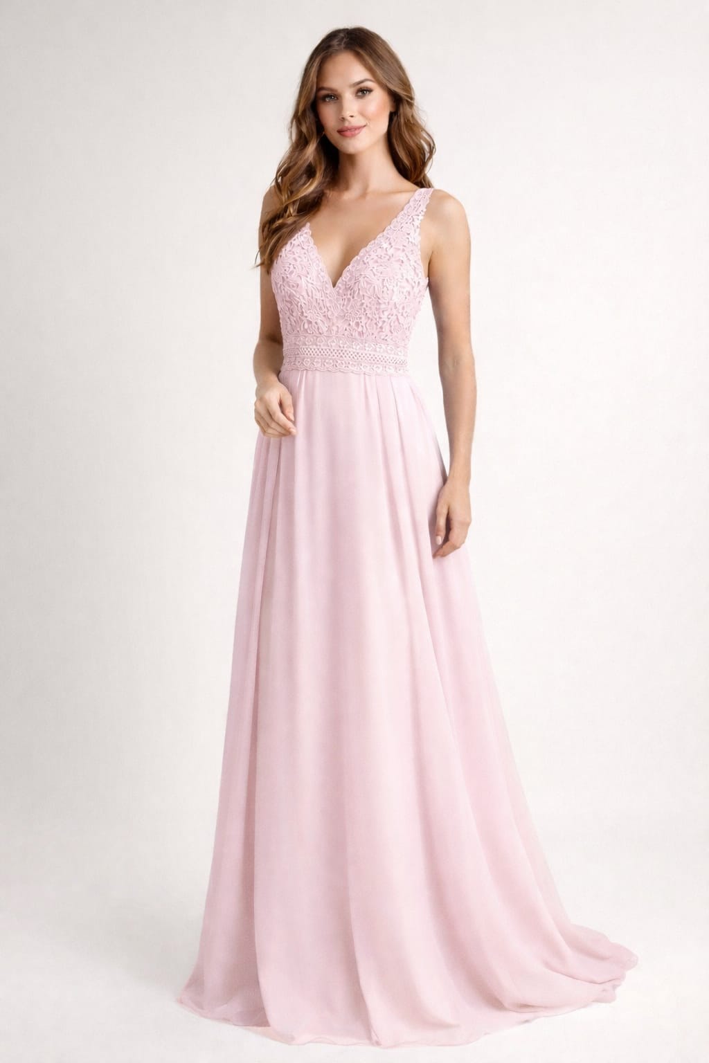 Vestido Tulipa Vestido comprido rosa claro com renda e decote em V