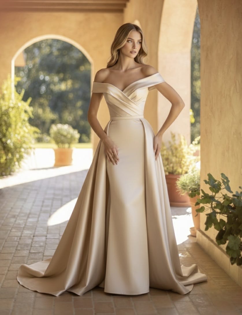 Vestido Ophelia Vestido longo bege com decote ombro a ombro e cauda, em ambiente exterior com plantas.