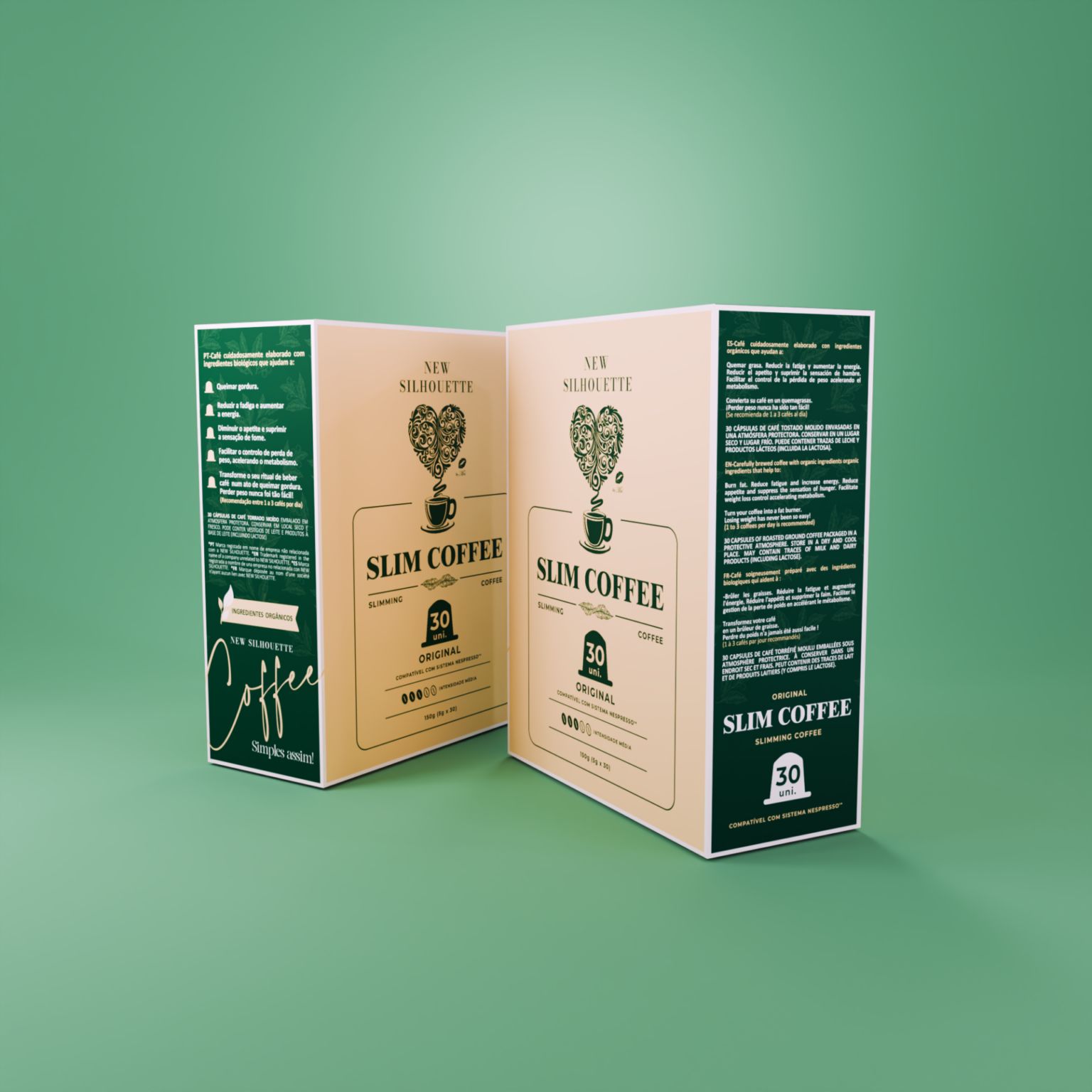 Slim Coffee Embalagens de SLIM COFFEE em verde escuro e bege com textos e design de coração