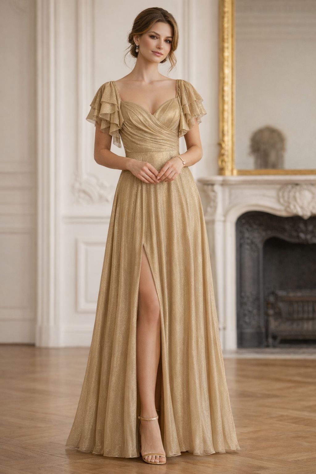 Vestido Sol Dourado Vestido comprido dourado brilhante com mangas de folhos e racha frontal