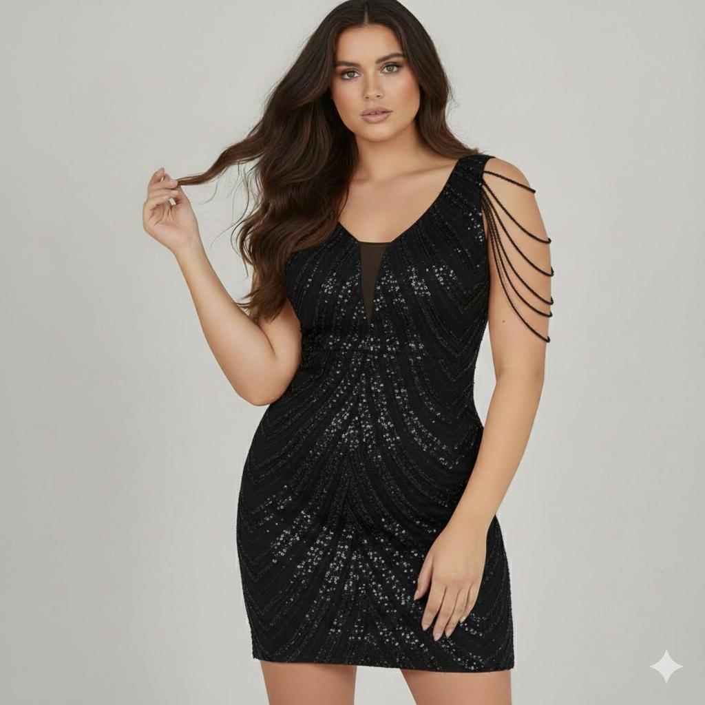Vestido Marbelle Plus Size Vestido preto curto com alças decorativas e efeito brilhante