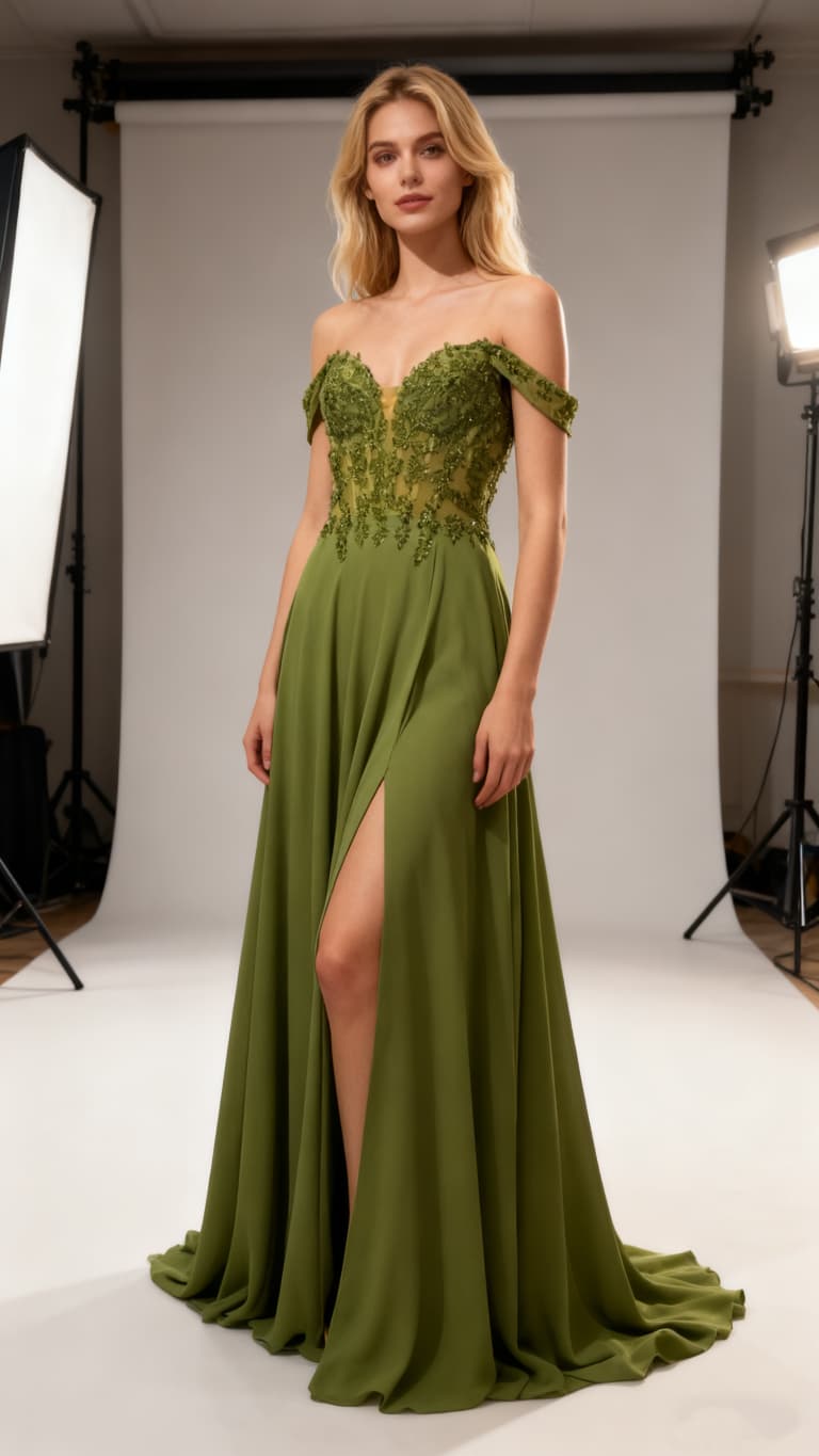 Vestido Brasil Vestido de festa verde com bordado floral e racha alta em estúdio