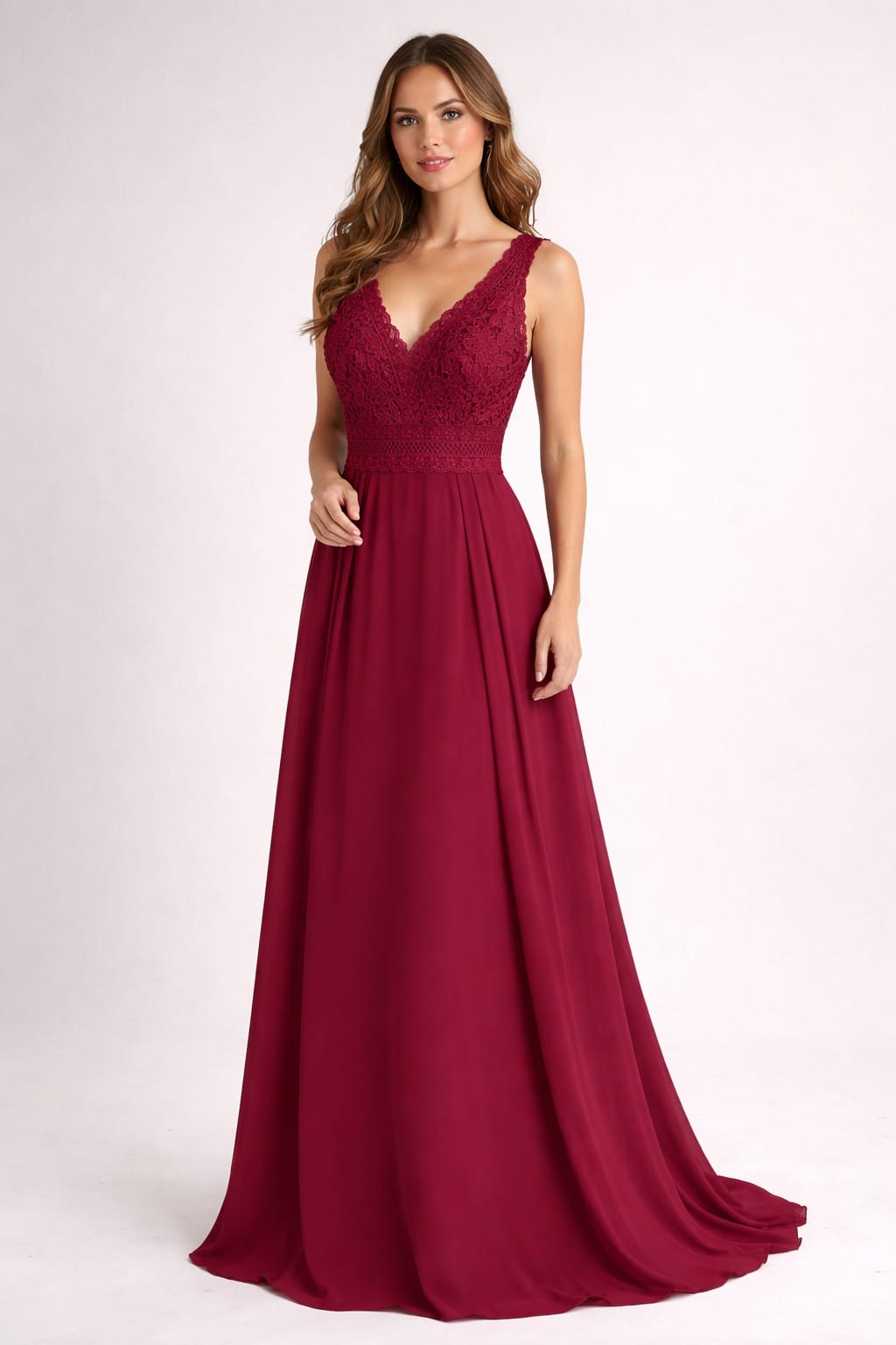 Vestido Tulipa Vestido longo vinho com corpete em renda e saia fluida