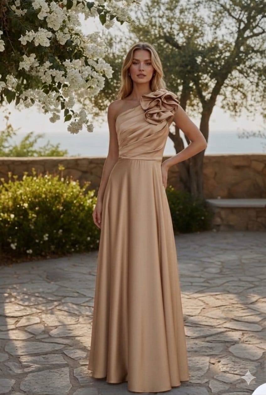 Verde Safira Vestido comprido bege com alça e flor grande no ombro, cenário exterior com pedras e árvores.