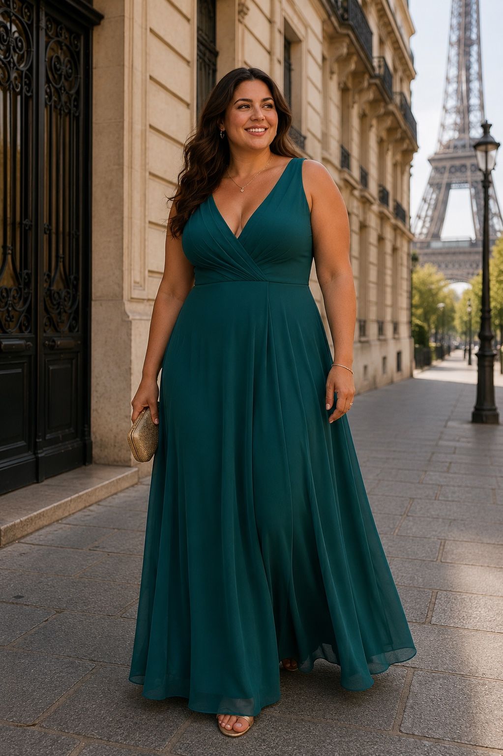 Vestido Marsala XL SIZE Mulher a usar vestido longo verde escuro com decote em V em rua com a Torre Eiffel ao fundo