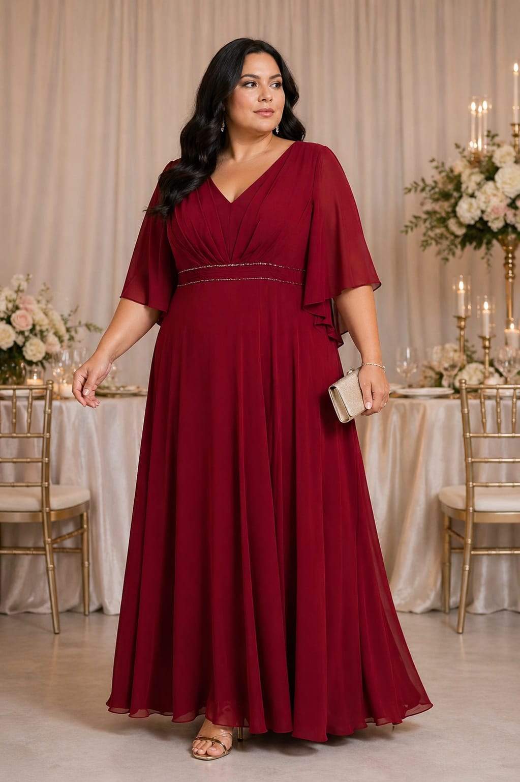 Vestido Eclipse Vestido longo vermelho bordô com decote em V e mangas soltas em ambiente elegante