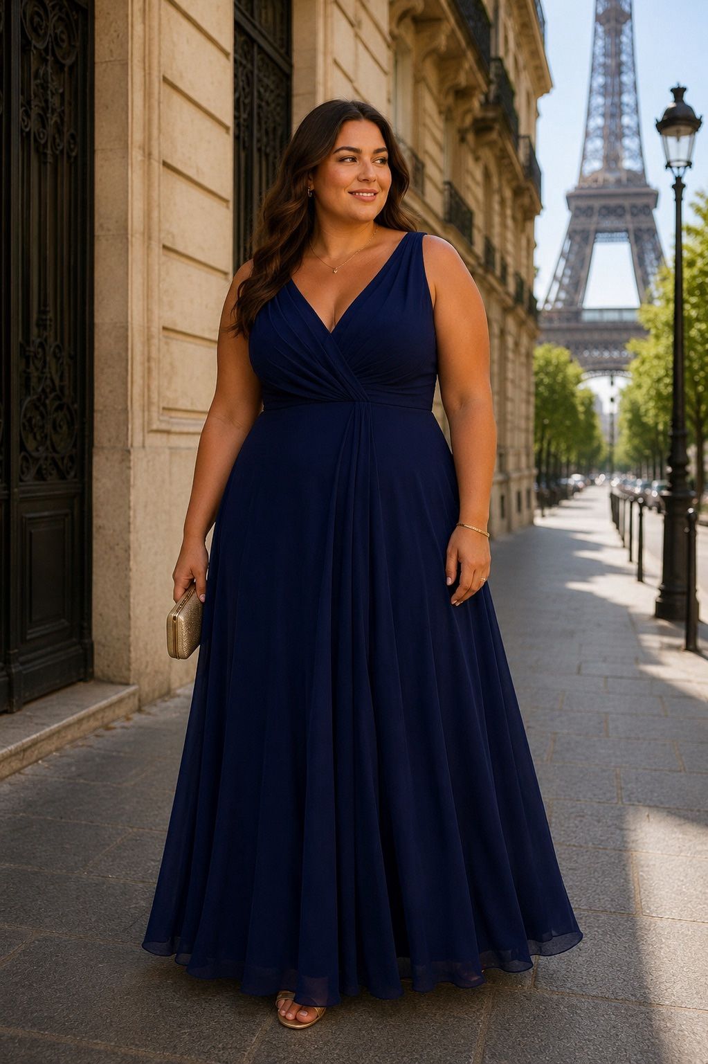 Vestido Marsala XL SIZE Mulher com vestido azul comprido em rua de Paris com Torre Eiffel ao fundo