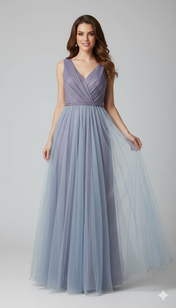 Vestido Omonsim Princesa Vestido longo azul brilhante com saia transparente azul claro e decote em V.