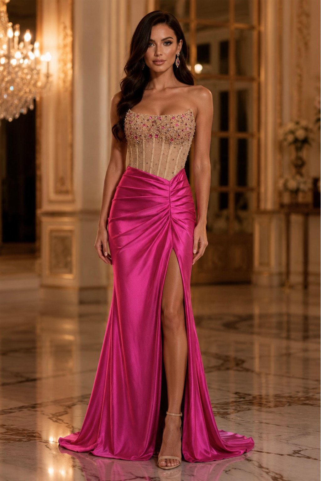 Vestido Santorini Vestido de festa com corpete de pedrarias e saia rosa com racha