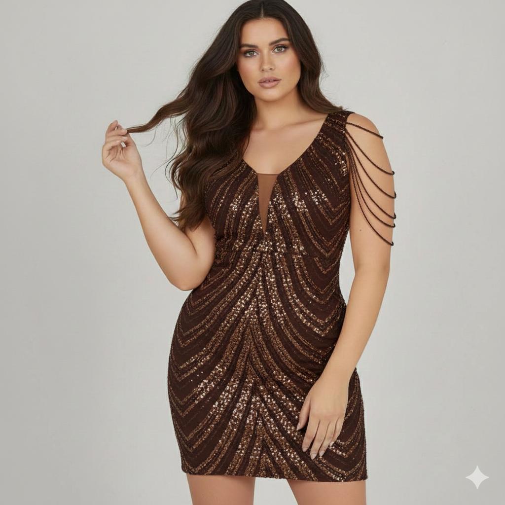 Vestido Marbelle Plus Size Vestido de festa castanho brilhante com lantejoulas e correntes no ombro.