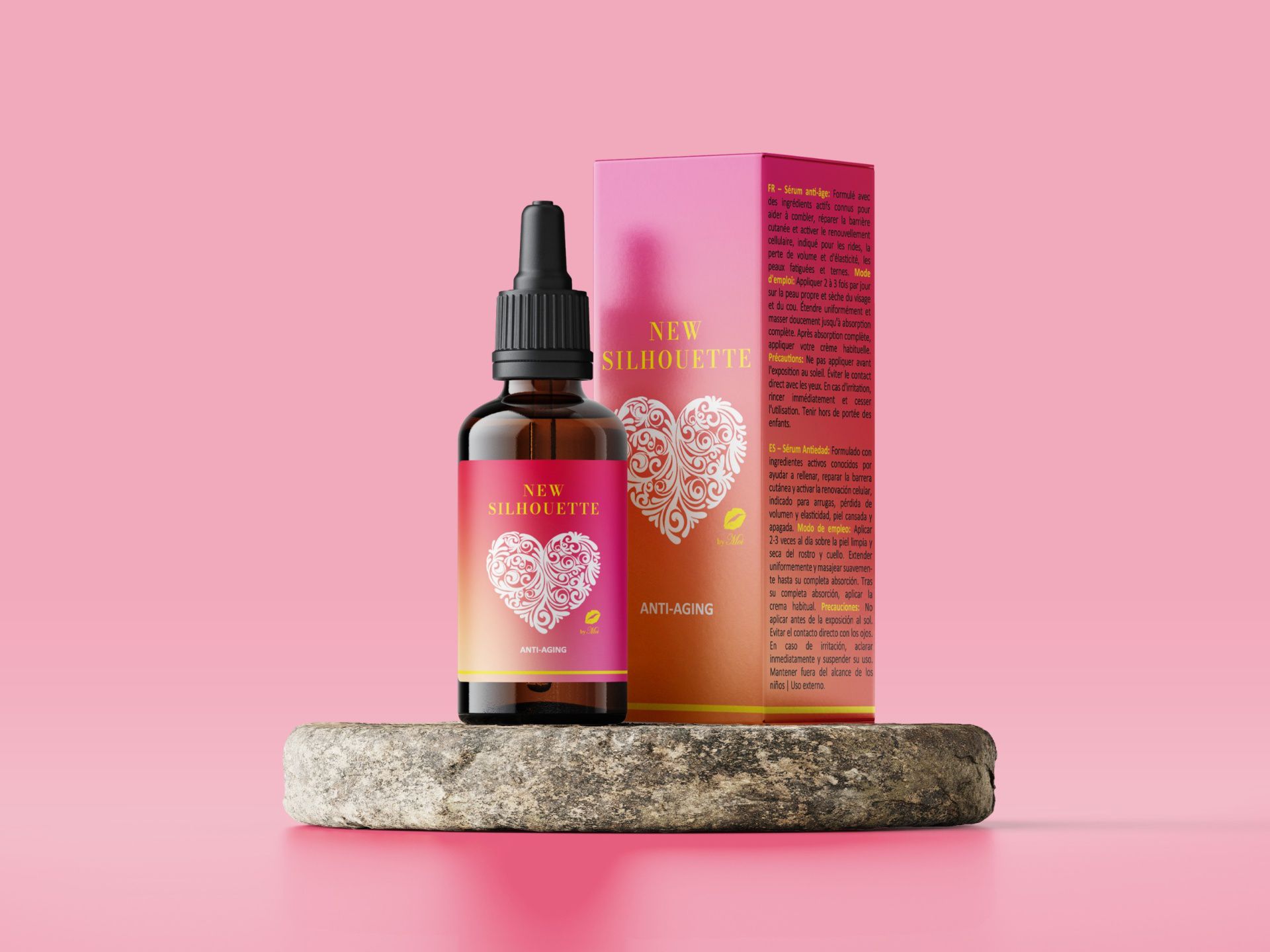 Anti - Aging - Revolution Frasco de vidro âmbar com rótulo rosa e amarelo e caixa com design semelhante em fundo rosa