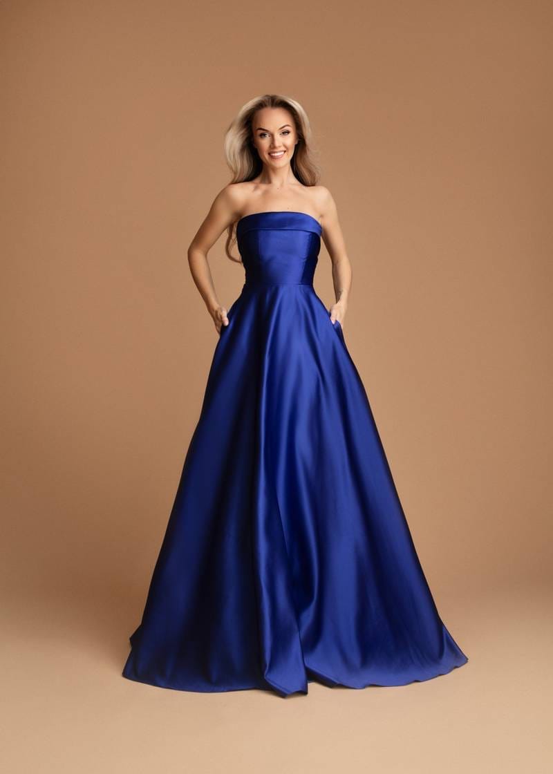 Vestido Alizee Vestido de cerimónia azul royal sem alças com saia ampla em fundo bege