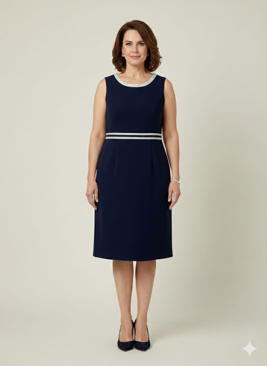 Conj. Lautinel (Blazer Comprido e Vestido) Vestido azul escuro sem mangas com faixas brancas na cintura