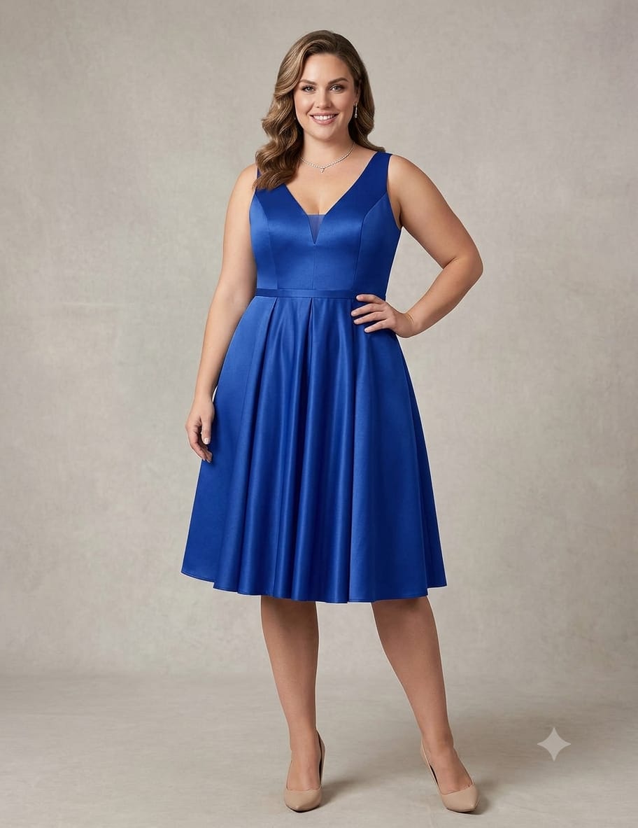 Vestido Charm's Mulher vestindo vestido azul elétrico sem mangas e escarpins bege em fundo cinza
