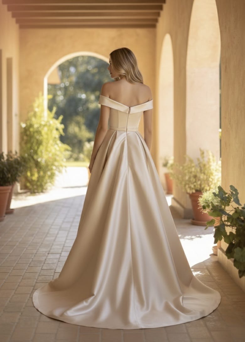 Vestido Ophelia Vestido de noiva longo champanhe com decote ombro a ombro, visto de costas, numa esplanada com plantas e paredes bege.