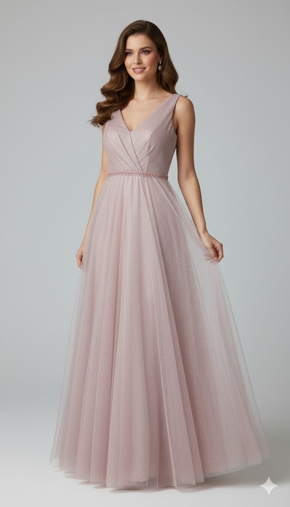 Vestido Omonsim Princesa Vestido comprido de tule rosa claro com brilho e decote em V