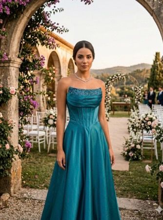 Vestido Midnight Corset Vestido azul sem alças com corset bordado em ambiente de casamento ao ar livre
