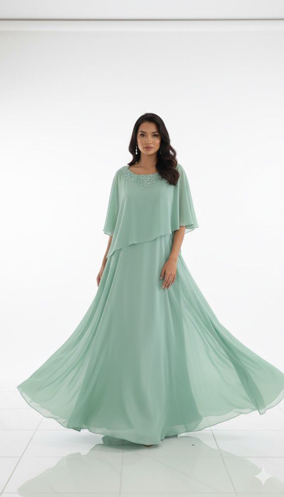 Vestido Indonésia Plus Size Vestido longo verde água com mangas largas e bordado no decote.