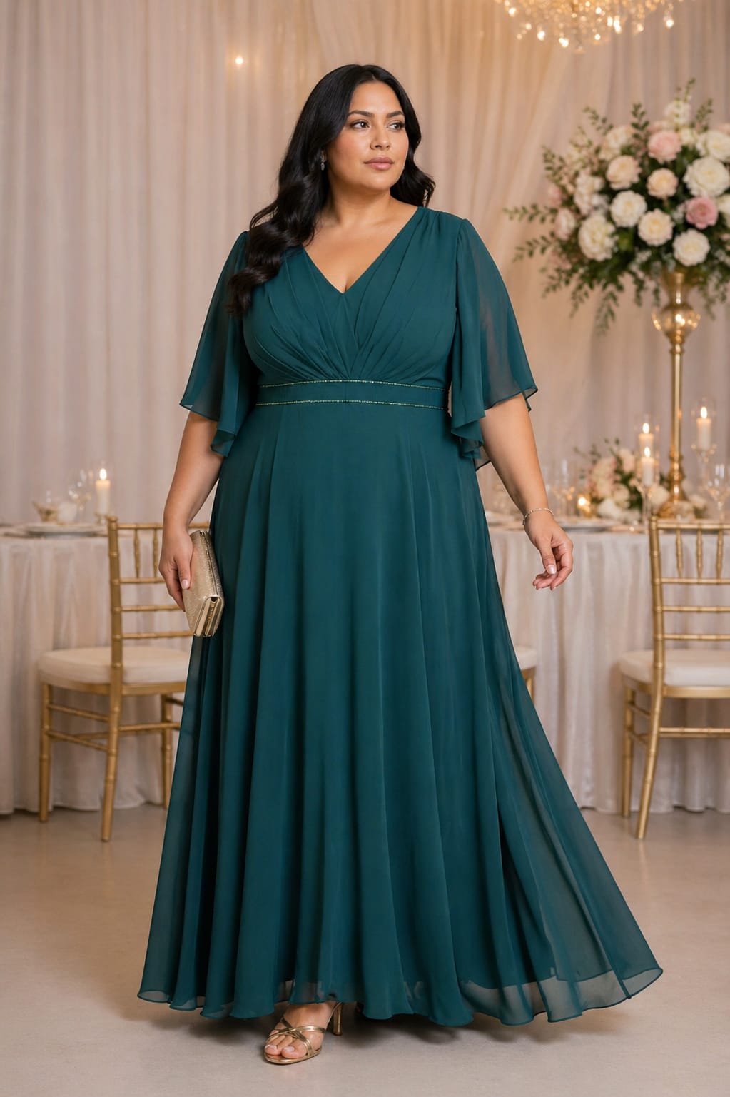 Vestido Eclipse Vestido comprido verde escuro com mangas curtas e detalhes dourados, mala e sandálias douradas em ambiente festivo