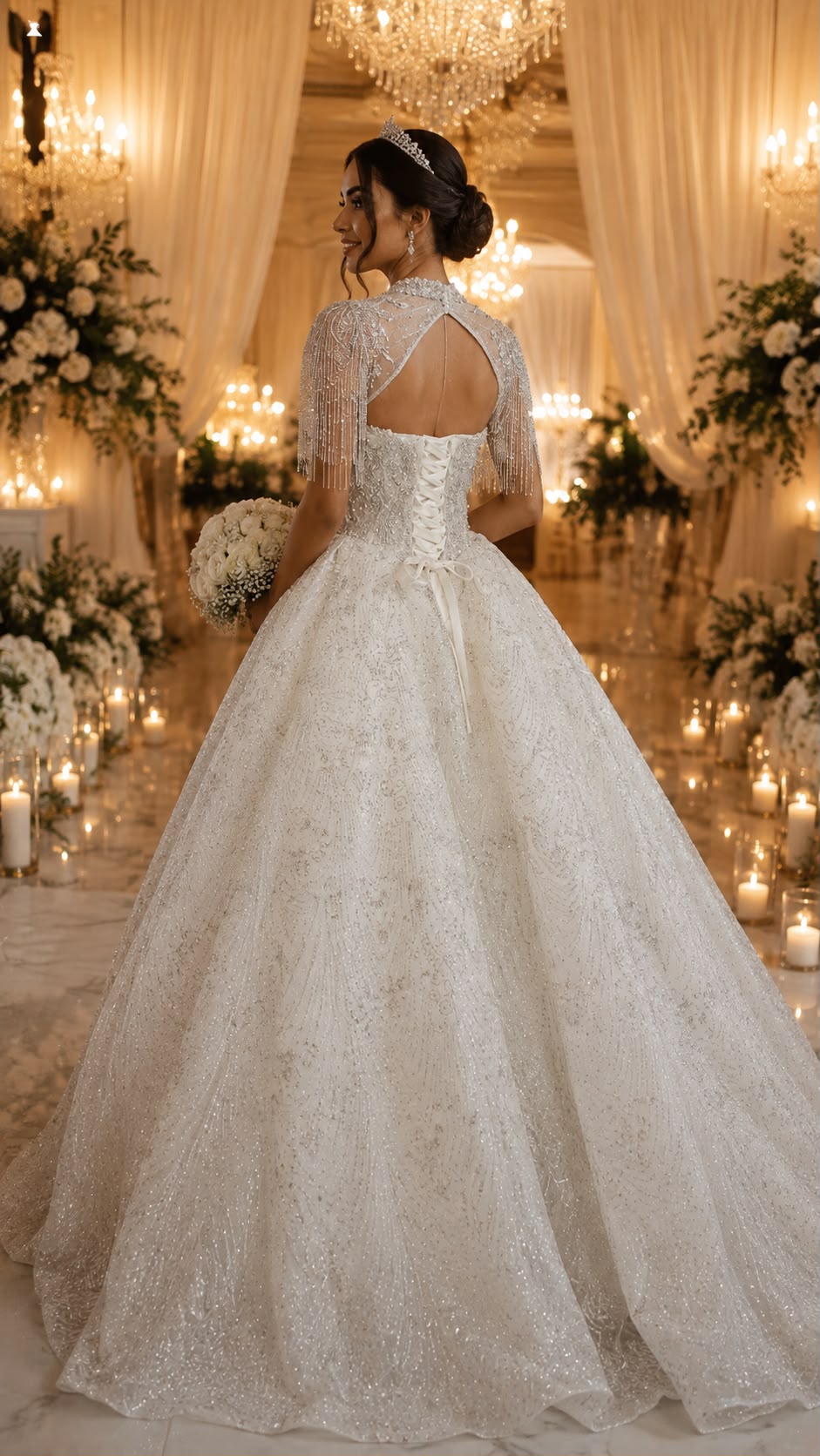Vestido Wedding Aurora Vestido de casamento branco com franjas e tiara em ambiente elegante
