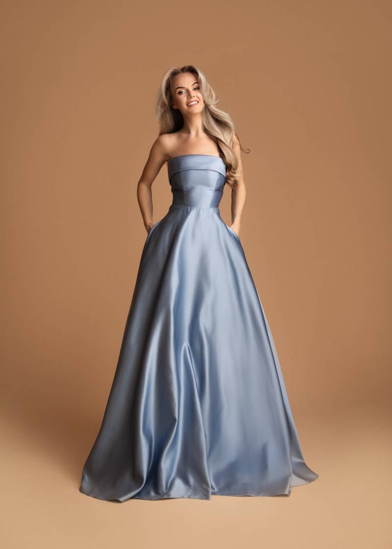 Vestido Alizee Vestido de noite longo e sem alças em cetim azul claro