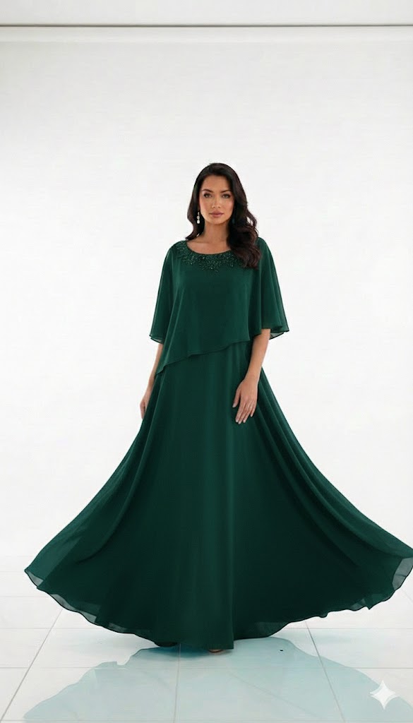 Vestido Indonésia Plus Size Vestido longo verde escuro com mangas curtas amplas e bordado no decote
