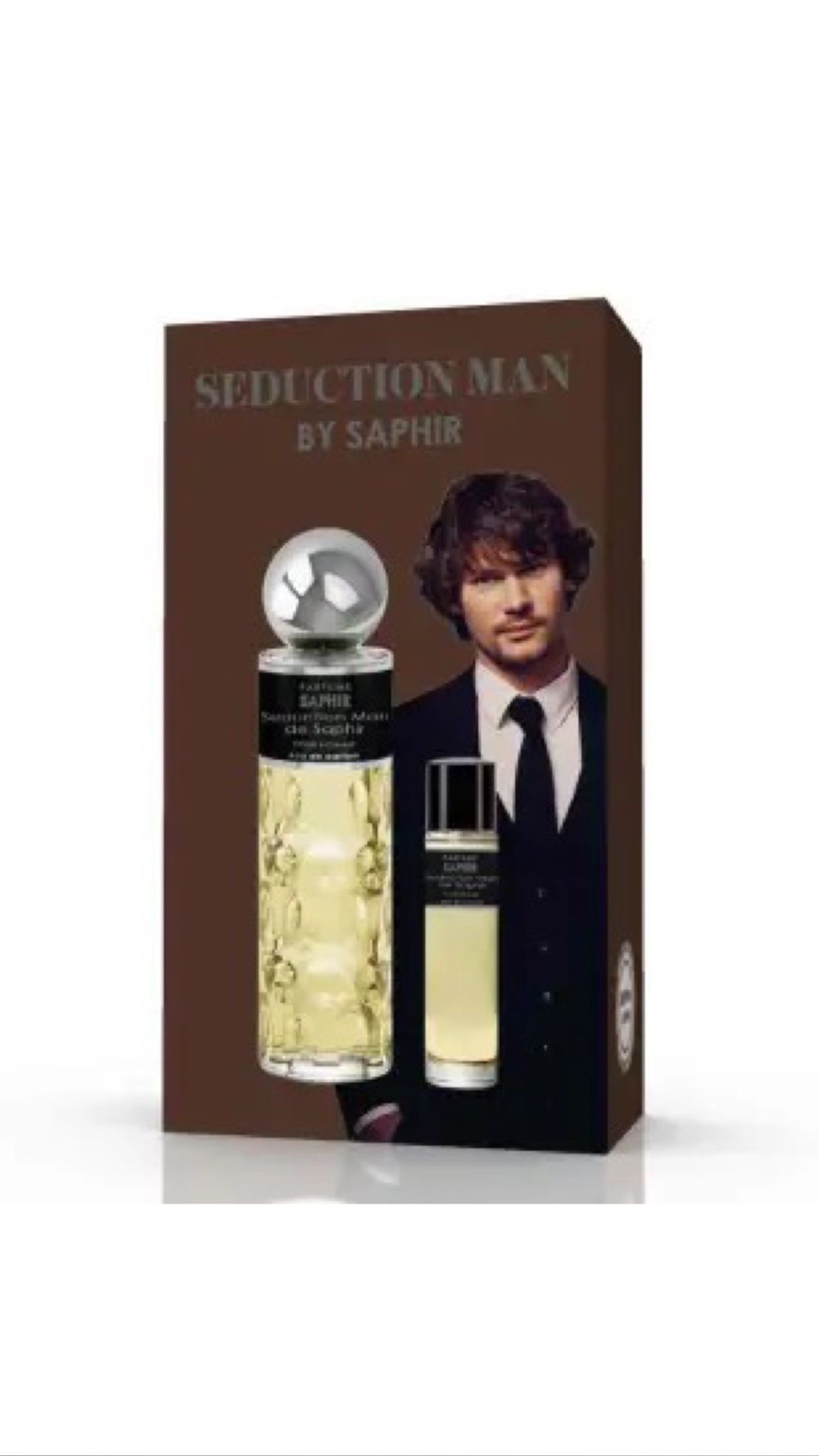 Coffret 200ml + 30ml 1 Million de Paco Rabanne (Genérico) Embalagem castanha para perfume SEDUCTION MAN BY SAPHIR com duas garrafas e imagem de homem de fato
