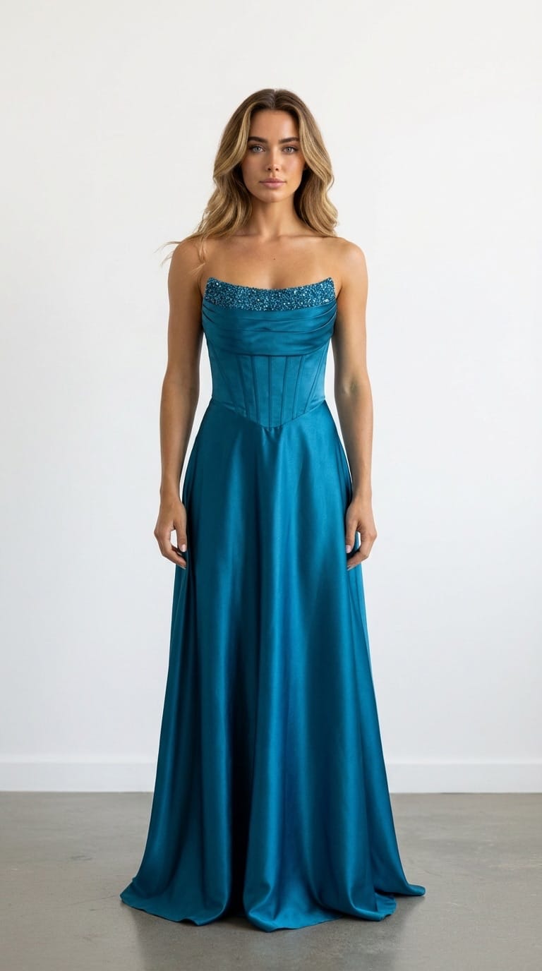 Vestido Midnight Corset Vestido longo azul cetim com aplicação de pedraria no decote