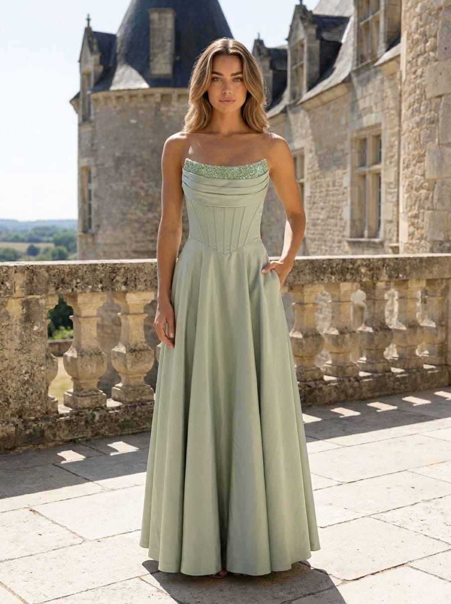 Vestido Midnight Corset Vestido longo verde claro com corpete estruturado e detalhe com lantejoulas em cenário de castelo