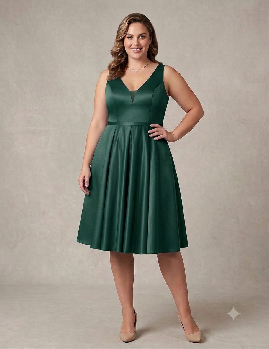 Vestido Charm's Vestido midi verde escuro com decote em V e saia plissada, usado por mulher.