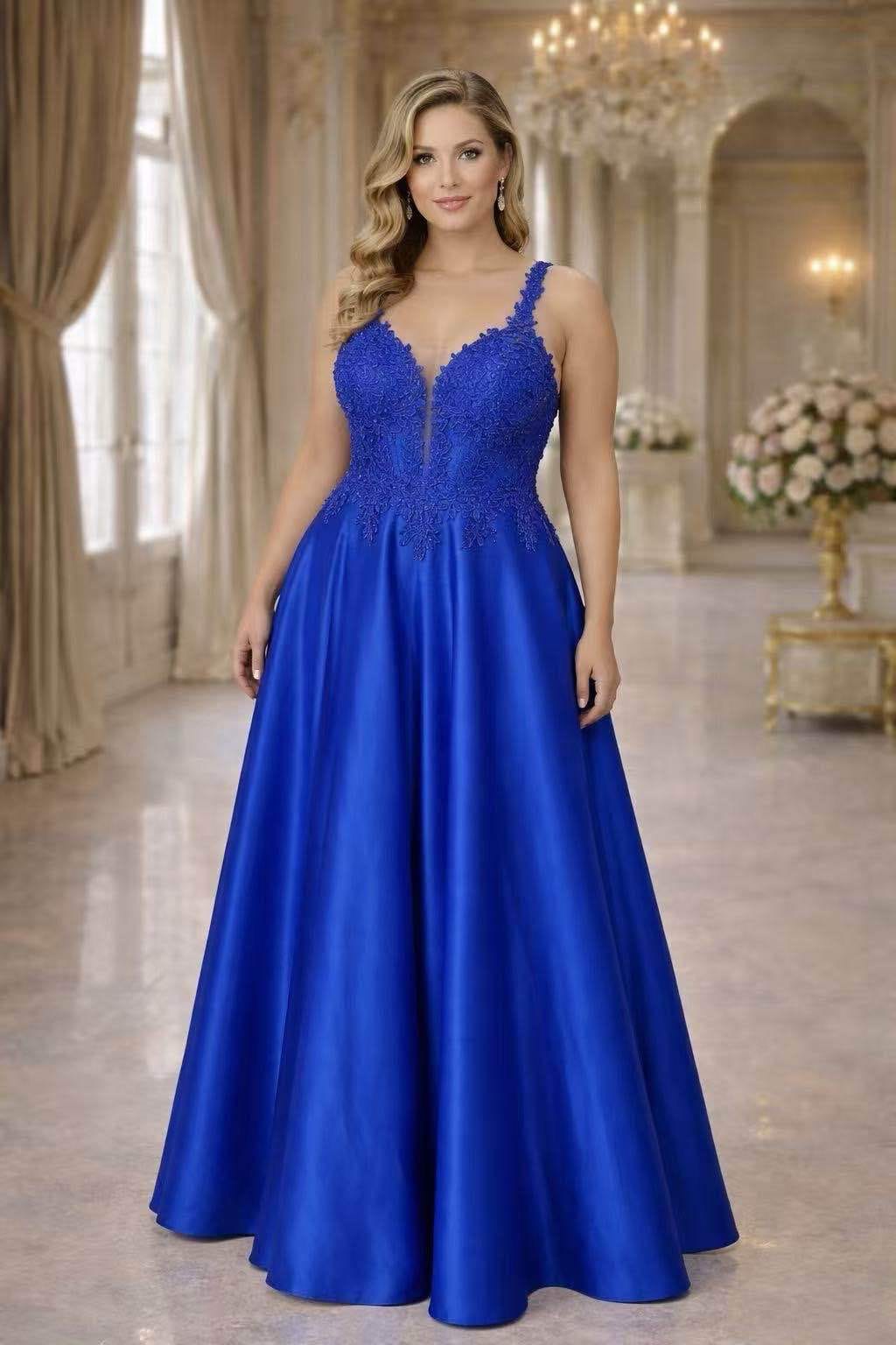 Vestido Safira Imperial XL SIZE Vestido de festa azul royal com renda e saia longa em tecido brilhante