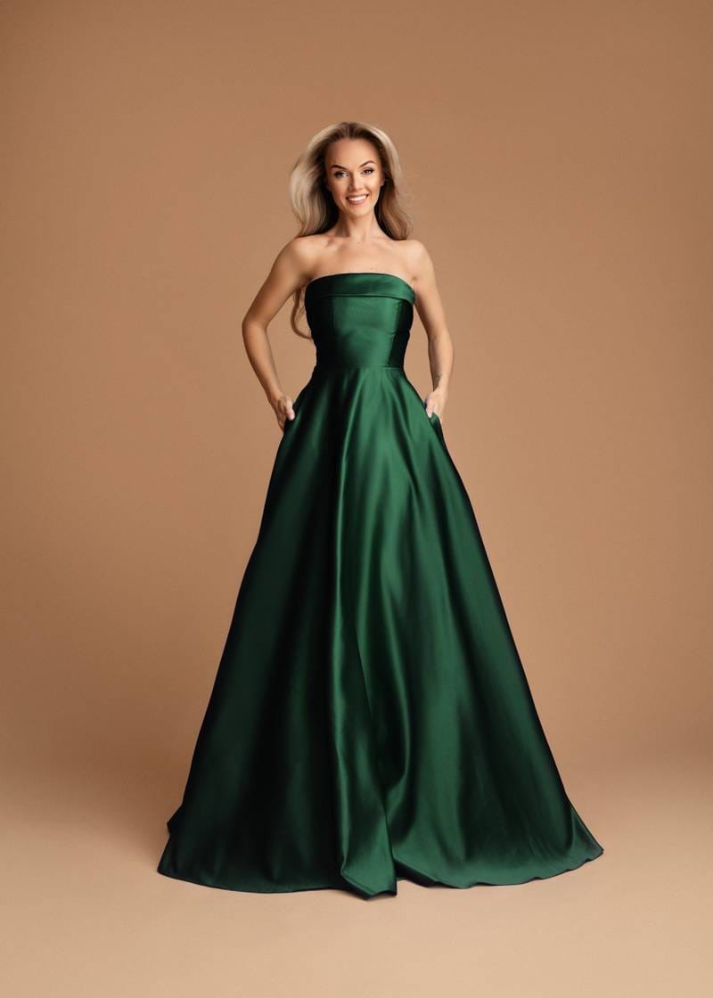 Vestido Alizee Vestido longo verde escuro acetinado sem alças com bolcos