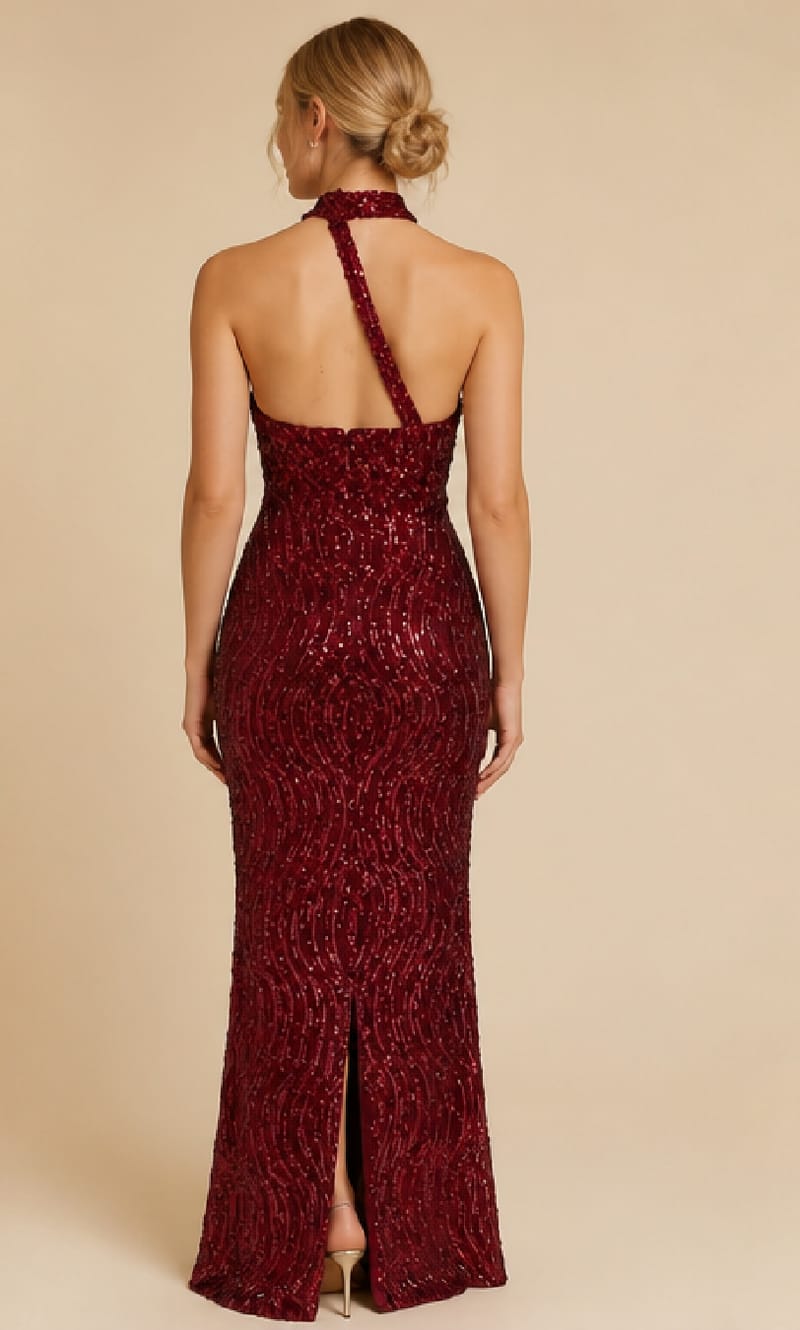 Vestido CAMELIA Vestido longo bordô com paetês e decote halter visto de costas