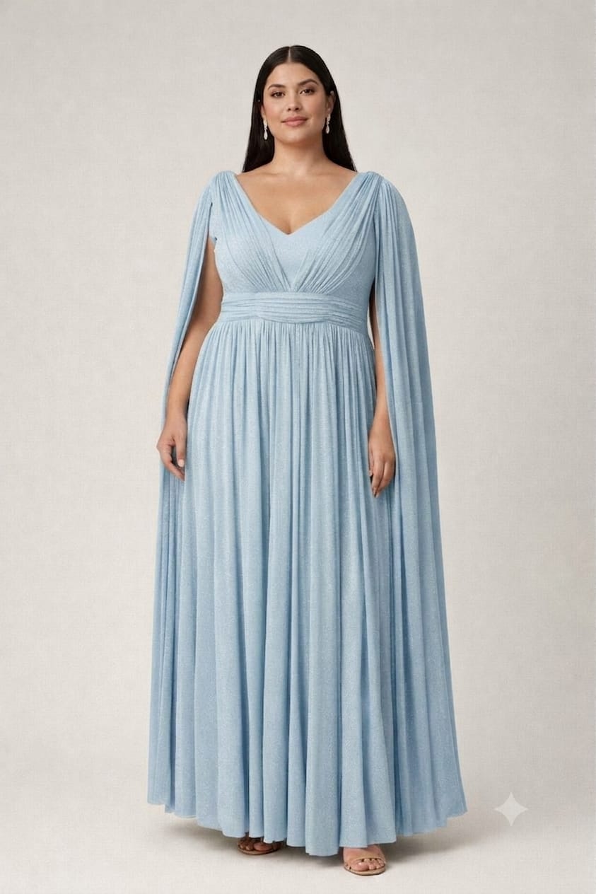 Vestido ISA Vestido longo azul claro com decote em V e mangas cape